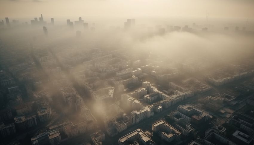 aerial view city with pollution 