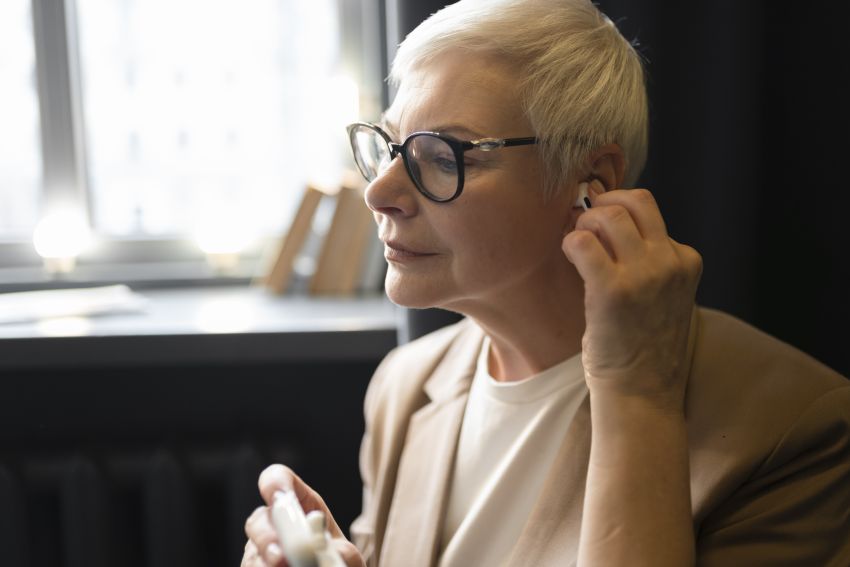 elderly woman with hearing aids 