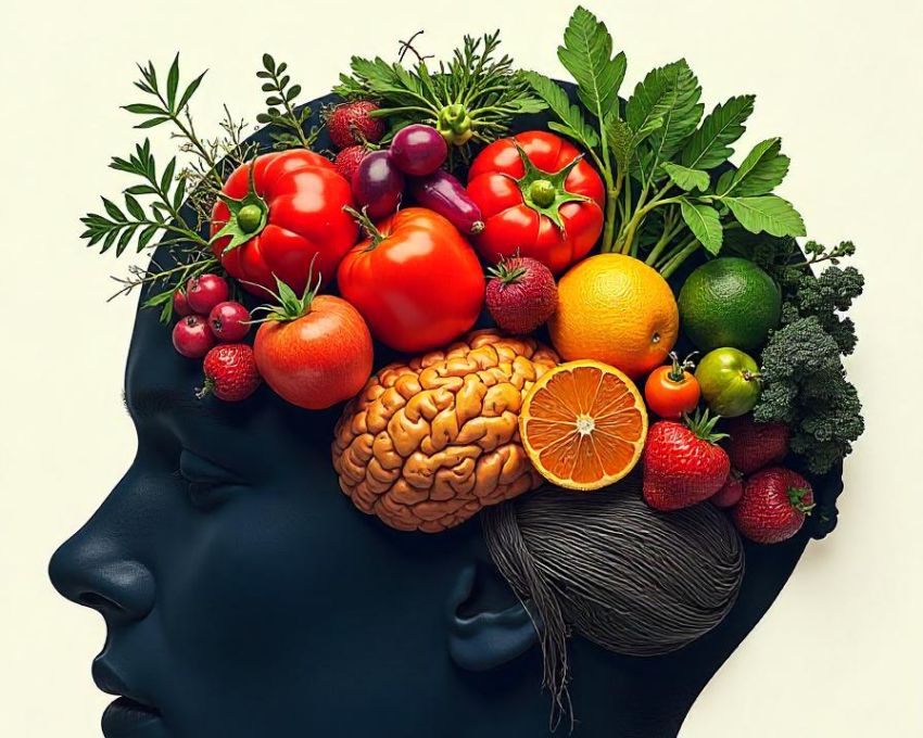 human brain with fruit and vegetables