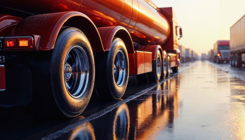 red tanker truck wet road sunset