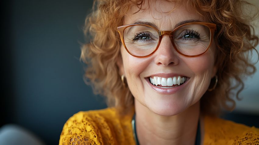 smiling middle aged woman with curly red 