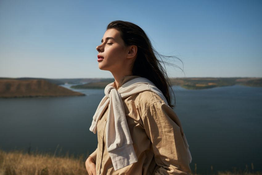 woman breathing in nature national park podillya tovtry